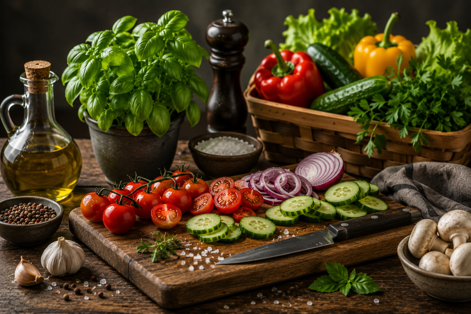 Fresh vegetables and herbs arranged on a wooden cutting board
