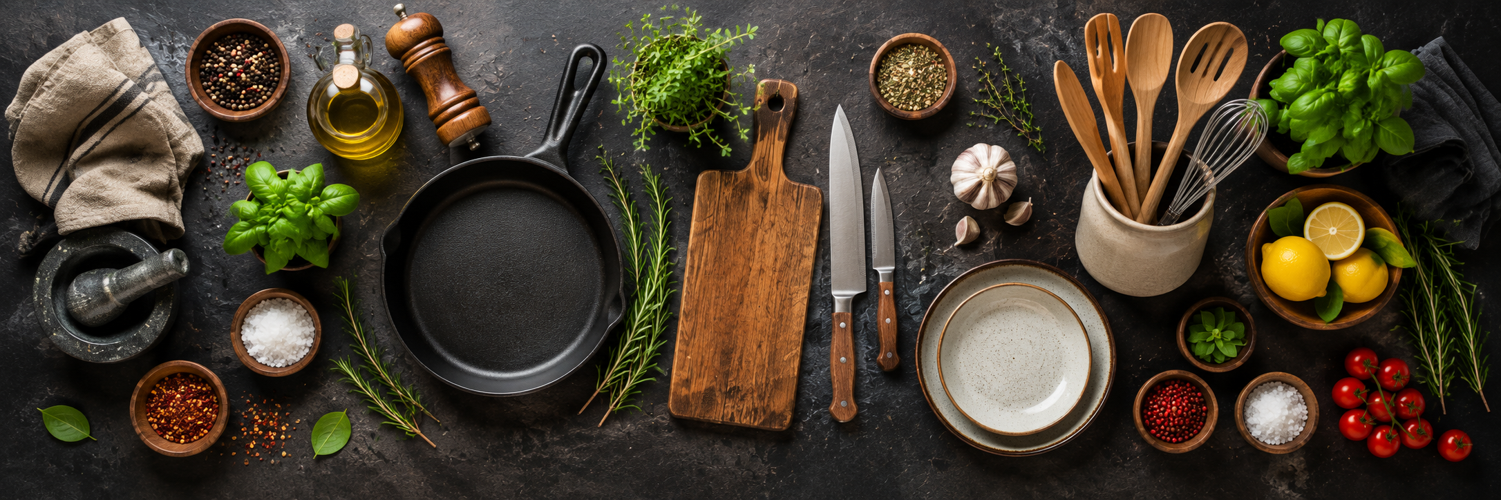 Overhead view of a cast iron pan, wooden cutting board, knives, and fresh herbs