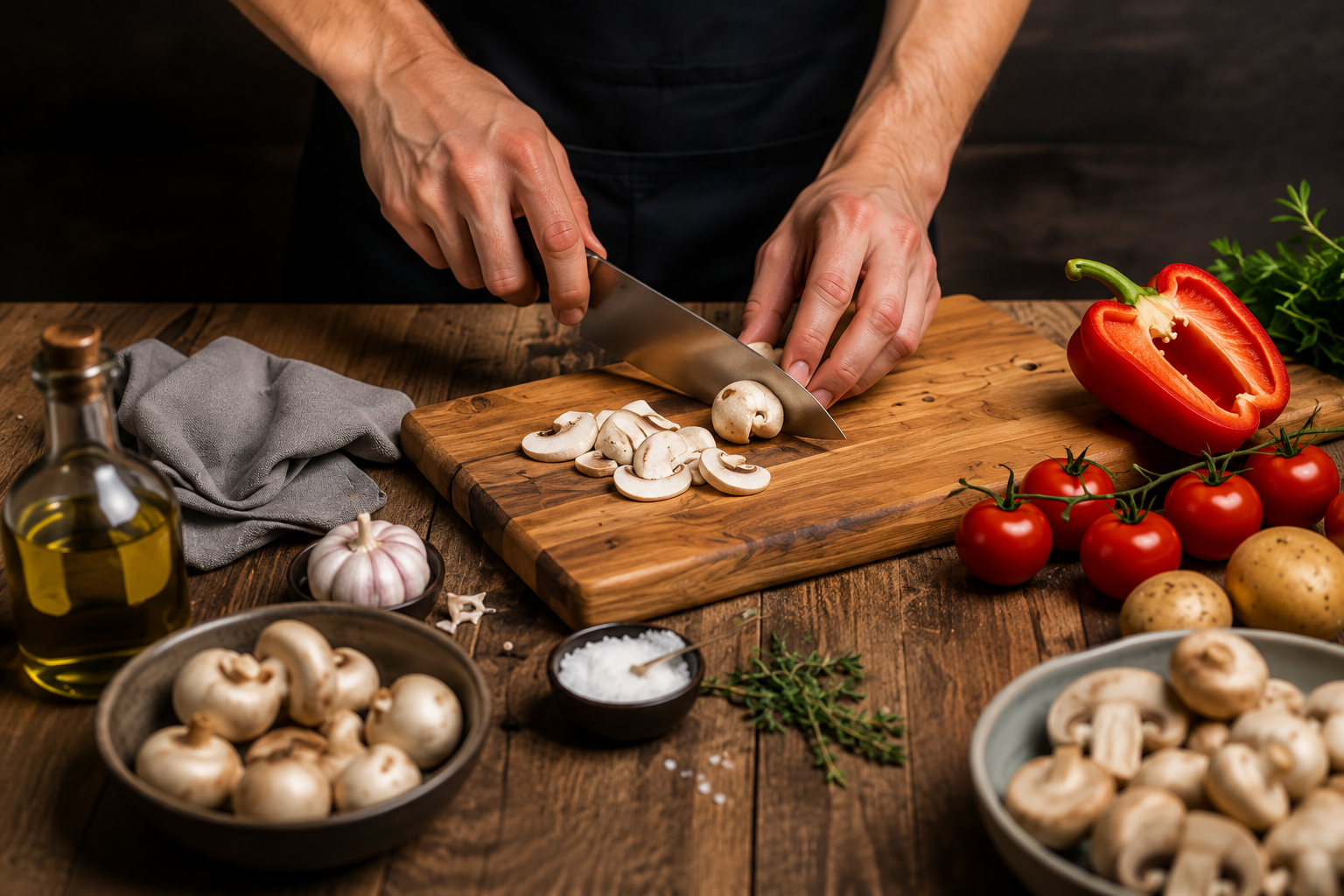 Chef's hands slicing mushrooms on a wooden cutting board, surrounded by fresh vegetables