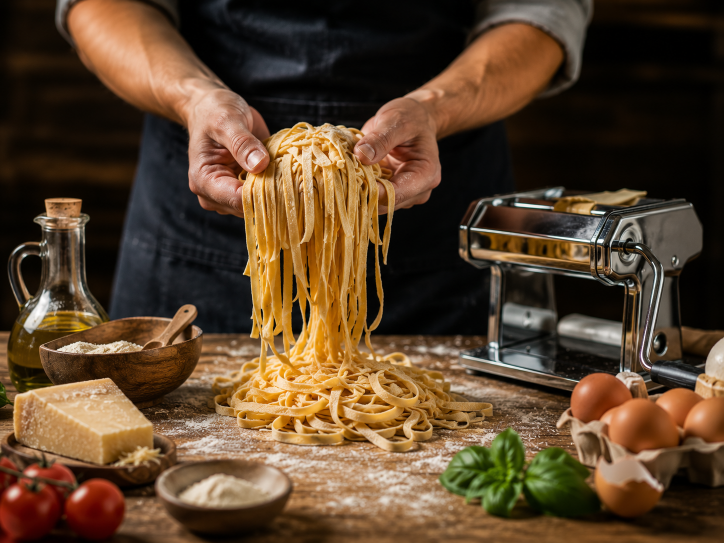 Hands stretching fresh homemade pasta dough on a floured table